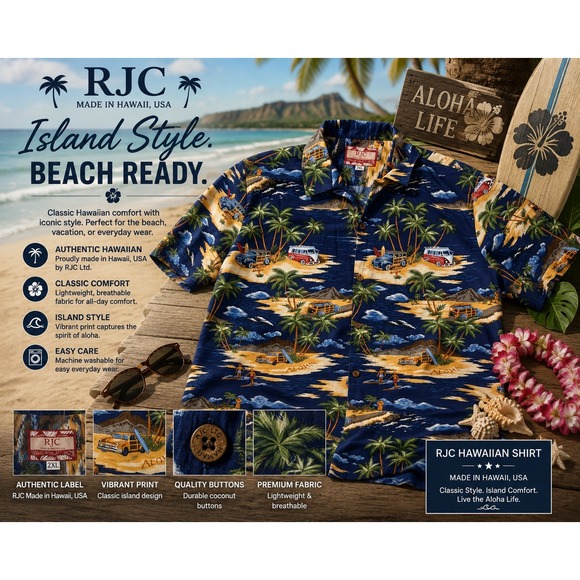 RJC Other - RJC Hawaiian Aloha Shirt Men's 2XL Made in Hawaii Surf Woody VW Bus Beach Camp
